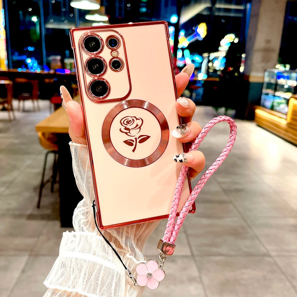 Plating Soft TPU Rose Case For Samsung Galaxy S25 S24 S23 S22 S21 Ultra Plus S25Ultra For Magsafe Charge Cover &Lanyard Bracelet