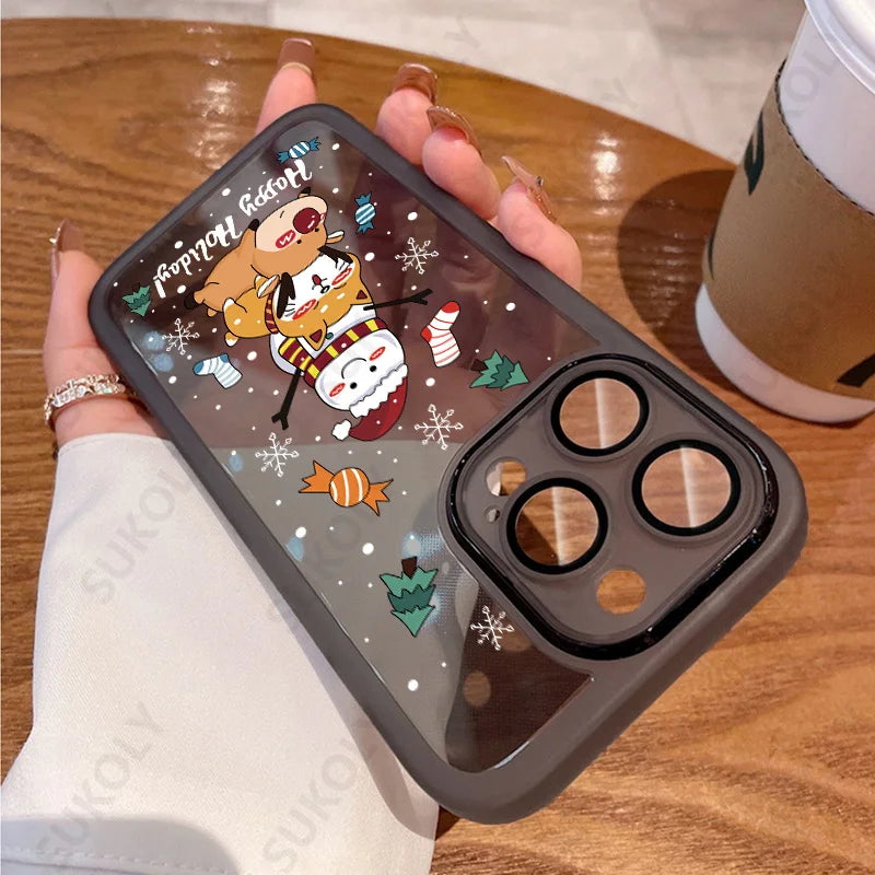 Christmas Case For iPhone 15 14 Pro Max 12 13 Pro Max 11 16 Luxury Lens Protector Shockproof Soft Cover Santa Claus Elk Snowman