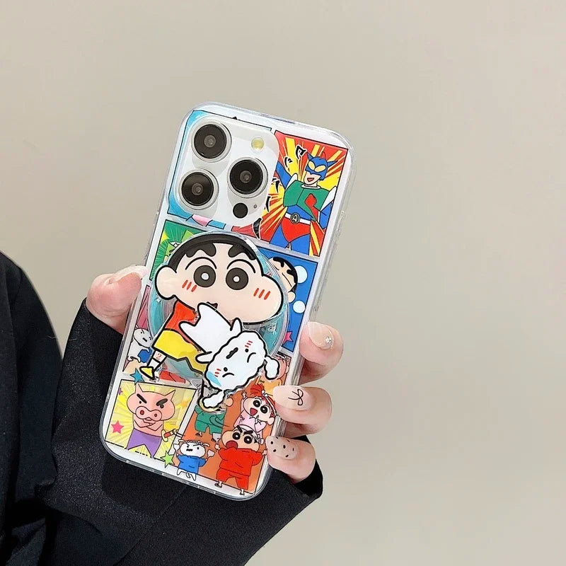 Cute Cartoon Crayon Shin-chan Magnetic Grip Holder Magsafe Wireless Charge Phone Case For iPhone 16 15 14 13 12 Pro Max Cover