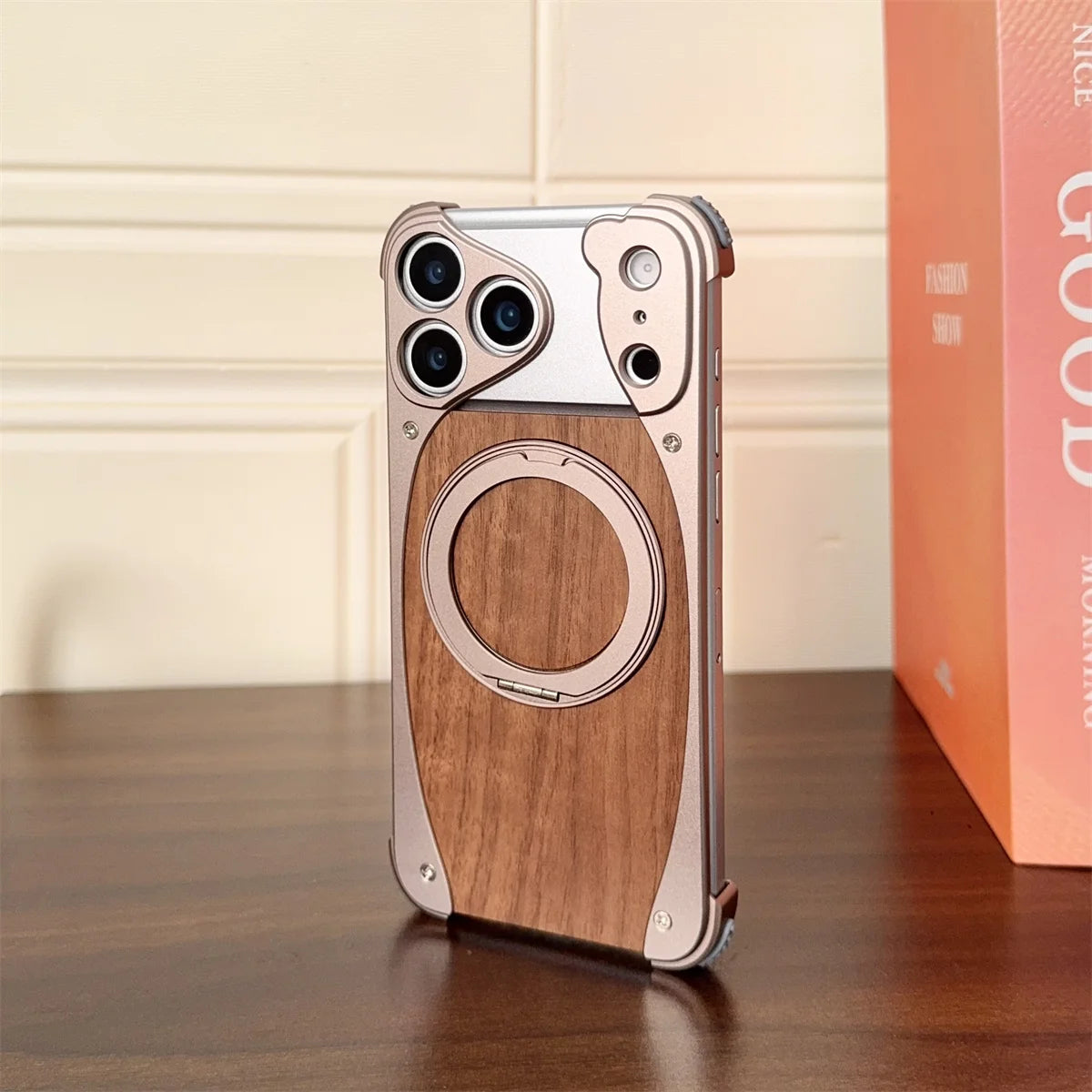 Walnut Wood Metal Aluminum Phone Case For iPhone 17 Pro 17 Pro Max Magnetic Bracket Shockproof Drop-proof Protection Cover