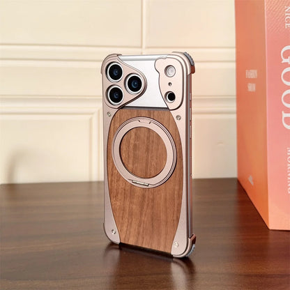 Walnut Wood Metal Aluminum Phone Case For iPhone 17 Pro 17 Pro Max Magnetic Bracket Shockproof Drop-proof Protection Cover