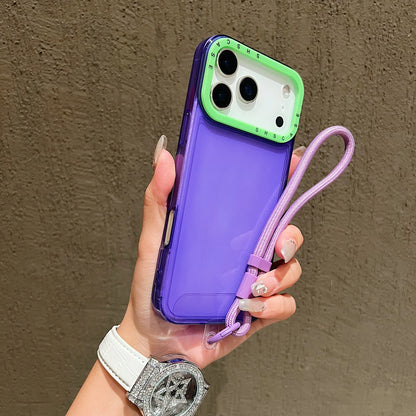 Luxury Shockproof Armor Clear Case for iPhone 17 Air 16 15 14 Plus 13 12 11 Pro Max XR XS 8 Hit Color Wrist Strap Lanyard Cover