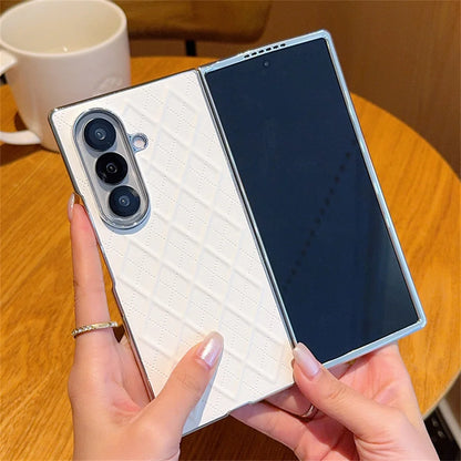 Luxury Lattice Leather Plating Phone Case For Samsung Z Fold 7 6 5 4 3 2 5G Shockproof Bumper Protection Solid Color Back Cover