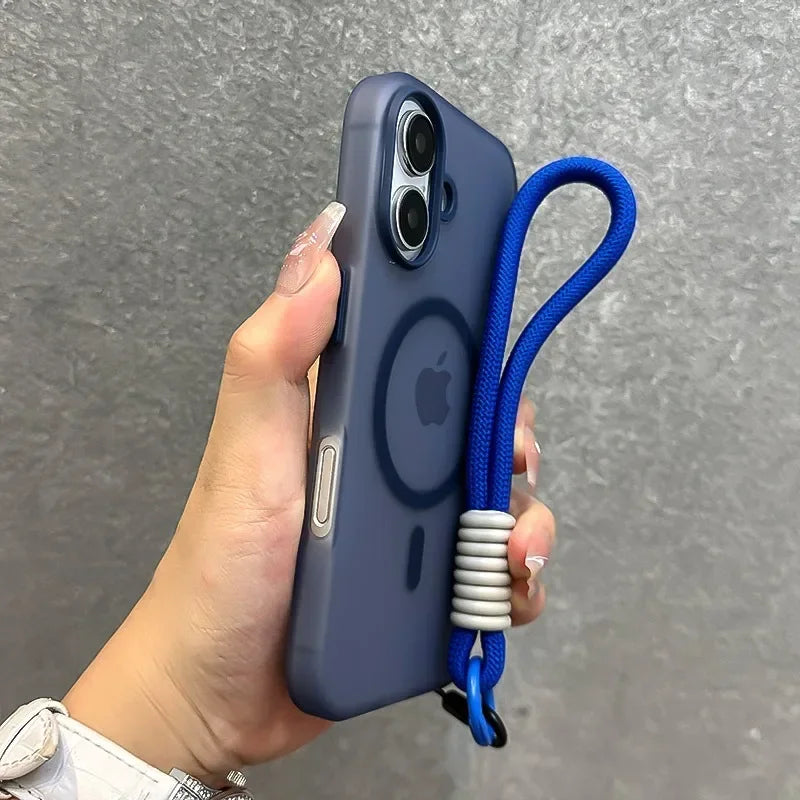 for Magsafe Candy Color Contrast Lanyard Case for iPhone 16 15 Pro Max 14 Plus 11 12 13 16e Hand Wrist Strap Matte Soft Cover