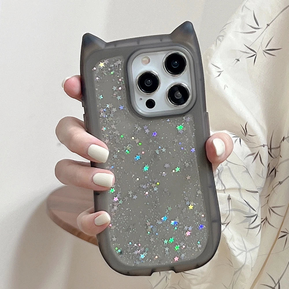 Cute Cartoon Cat Ear Glitter Sequins Transparent Case  For iPhone 16 15 Plus 14 Pro Max 13 12 11 Soft Silicone Shockproof Cover