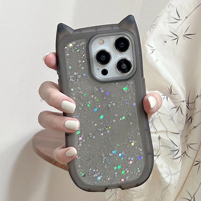 Cute Cartoon Cat Ear Glitter Sequins Transparent Case  For iPhone 16 15 Plus 14 Pro Max 13 12 11 Soft Silicone Shockproof Cover