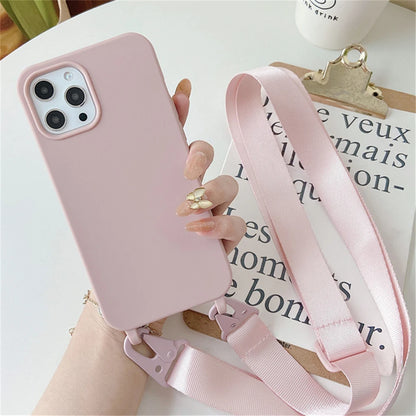 Crossbody Necklace Strap Lanyard Matte Silicone Case For iPhone 17 16 15 14 Pro Max 11 12 13 XR X XS 8 Plus SE Shockproof Cover