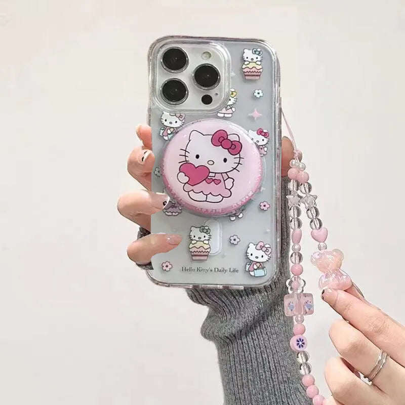 Cute Hello Kitty Magnetic Grip Holder Magsafe Wireless Charge Phone Chain Case For iPhone 16 15 12 Pro Max 14 Plus 13 Mini Cover