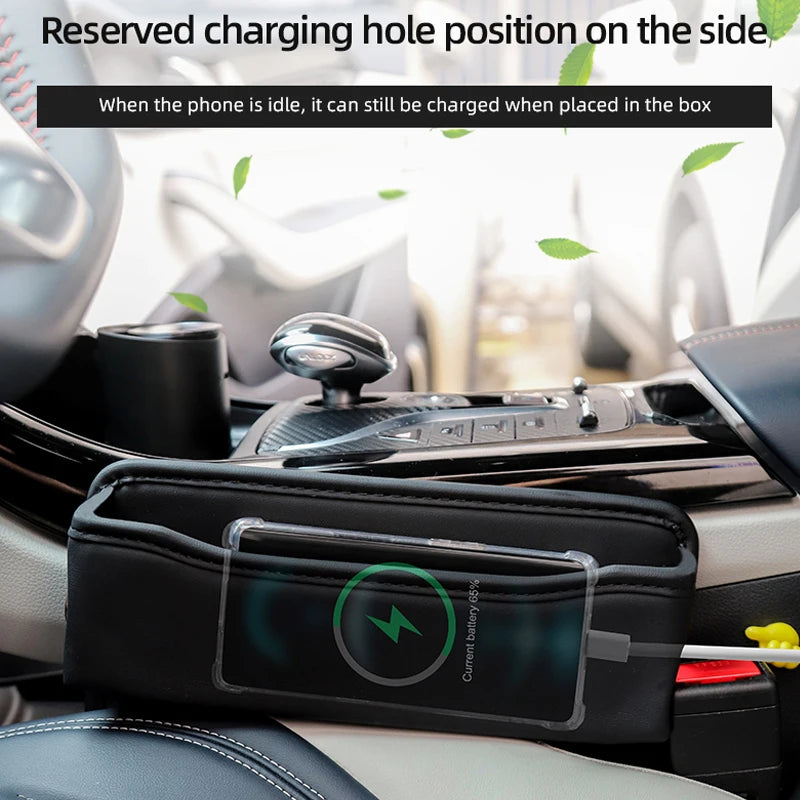Car Seats Gap Bag Case Storage Bag PU Leather Auto Console Side Seat Pocket Organizer Reserved Charging Cable Hole Universal