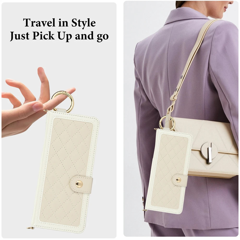 Luxury Crossbody Lanyard Leather Wallet Card Case for Samsung Galaxy Z Fold 7 6 5 4 3 Fold6 5G Wrist Rope Flip Stand Cover Coque