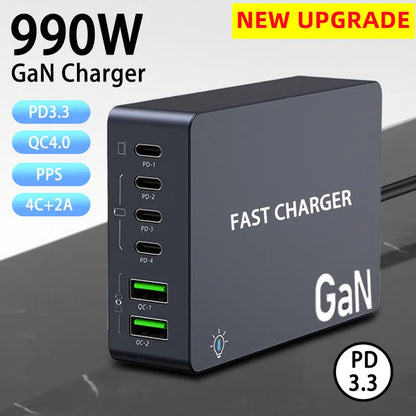 990W USB C GaN Charger 300W PD 3.3 PPS QC4.0 Multiport Fast Charging Station For Laptop iPhone 15 16 Samsung Macbook Pro Tablet
