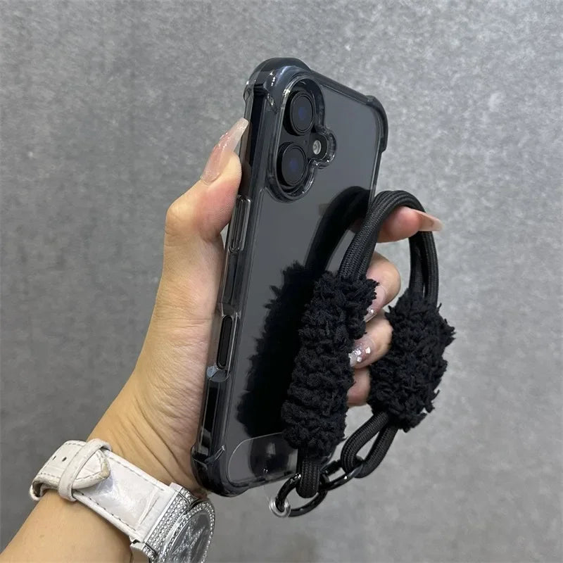 Hybrid Color Transparent Armor Case For iPhone 16 15 14 11 12 13 Pro Max Plus X Xr Xs Plush Wrist Strap Airbag Shockproof Cover
