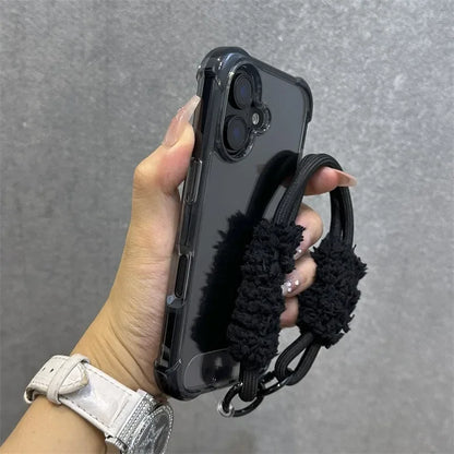 Hybrid Color Transparent Armor Case For iPhone 16 15 14 11 12 13 Pro Max Plus X Xr Xs Plush Wrist Strap Airbag Shockproof Cover