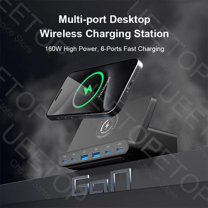 Ueetop 160W USB Charging Station Wireless Charging 65W PD PPS 45W GaN Charger Quick Charger For Laptop Tablet iPhone 15 Samsung