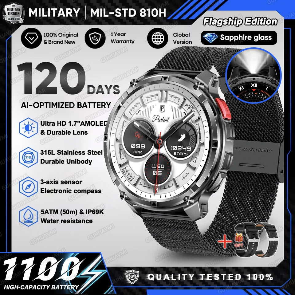 2026 New T-Rex 3 Ultra 1100mAh Military Smart Watch Men 5ATM Waterproof 1.7" AMOLED Screen Bluetooth Call Compass LED Flashlight