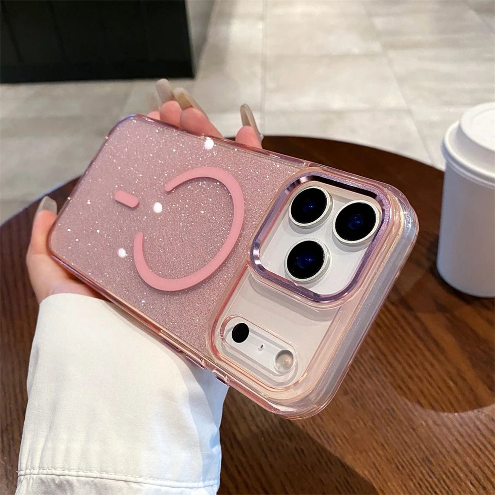 Glitter Magnetic Wireless Charging Candy Color Case for iPhone 17 Pro Max 17 Air for Magsafe Metal Lens Frame Bling Cover Funda
