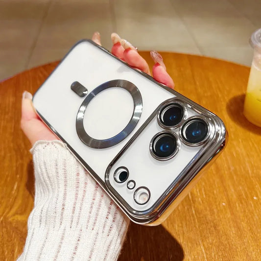 Luxury Plating Clear Case For iPhone 17 Air 16 15 14 13 12 11 17 Pro Max Shockproof Transparent Magnetic For Magsafe Lens Cover