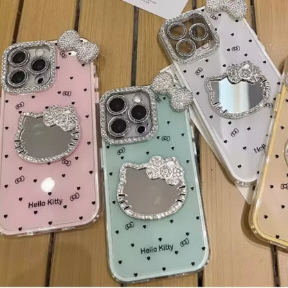 Hellokitty Make up Mirror 3D Bow Case For iPhone 16 Pro Max 15 Cute Glitter Diamond Cover For iPhone 14 Pro 13 12 11 Bling Case