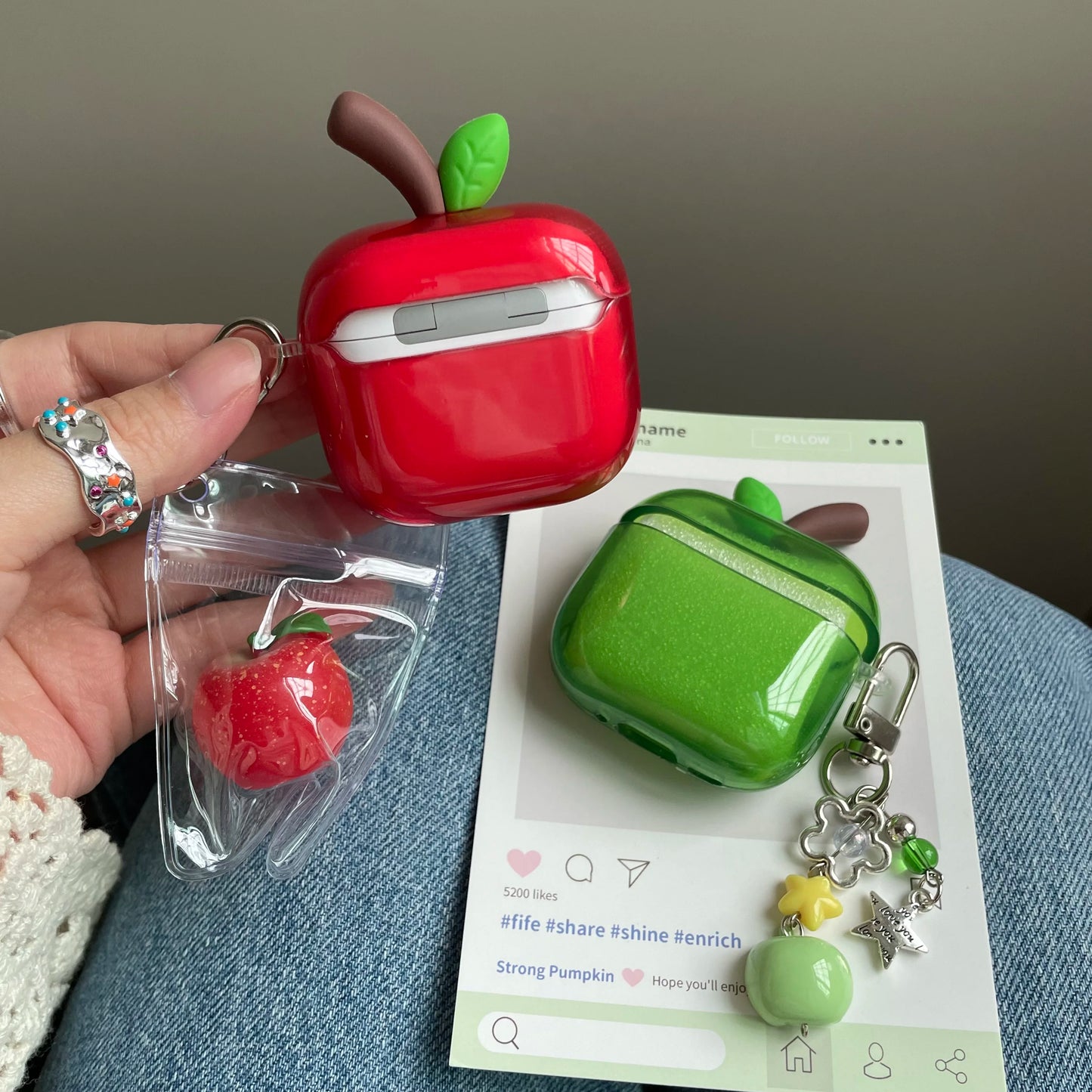 Translucent Red Green Apple Earphone Case for AirPods 1 or 2 3 4 Pro 2 3 Air Pods AirPod Pro2 Pro3 Soft Imd Cute Cover Pendant