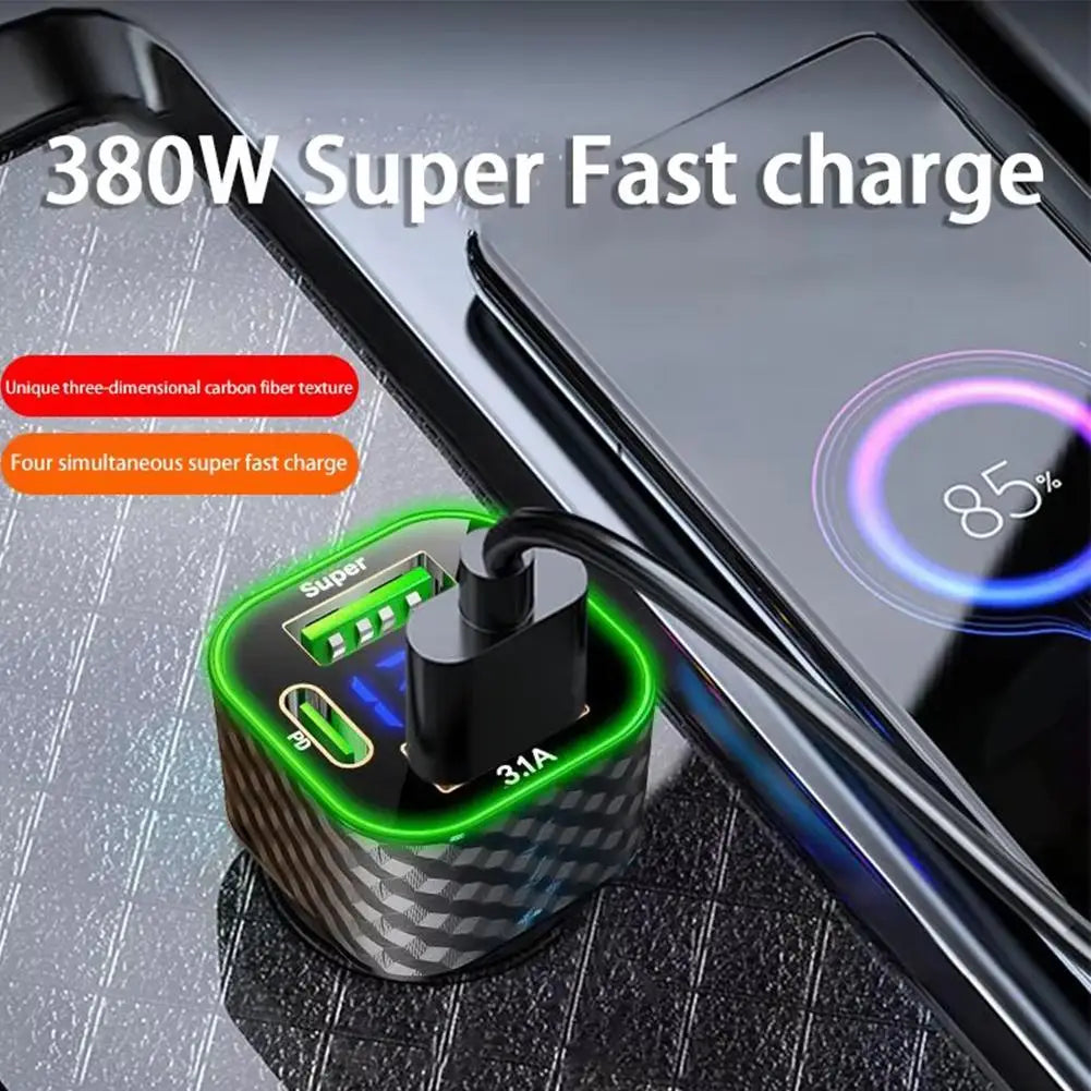 380W USB C Car Phone Charger Dual PD USB Charger With Voltage Display Super Fast Charge Adapter For IPhone Oppo