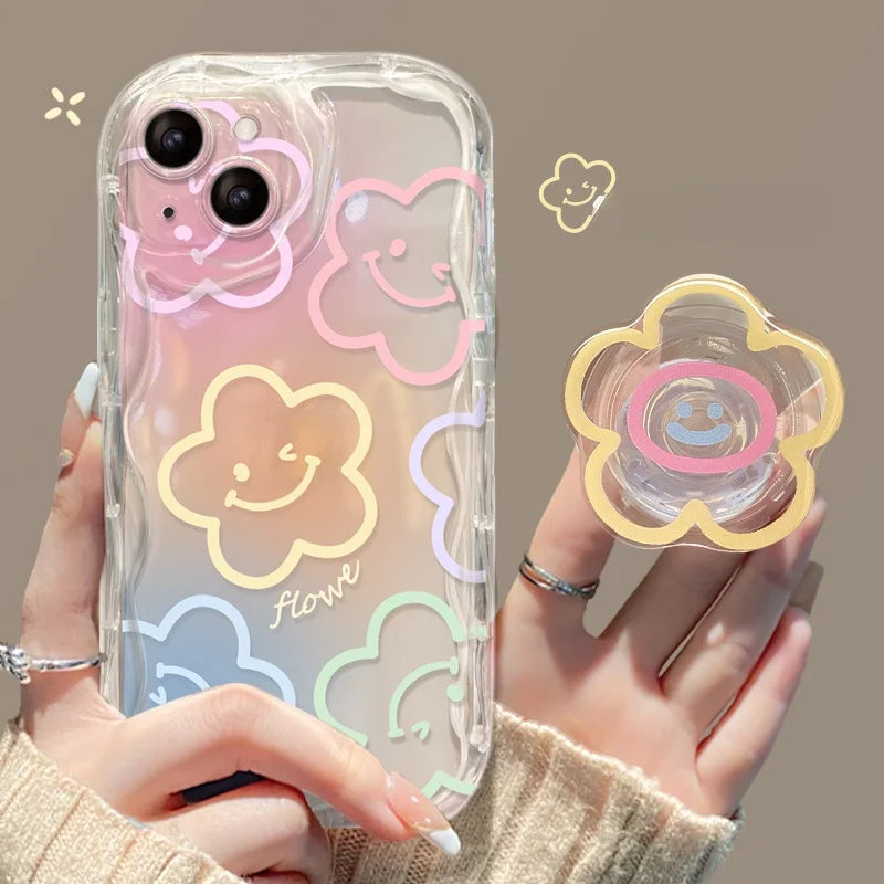 Color Smile Flower Grip Holder Wave Phone Case for Iphone 16 Pro Max 11 12 13 14 15 Pro Max 6 6S 7 8 Plus XR 13 Mini Soft Cover