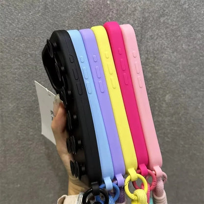 Fashion Cute Candy Liquid Silicone Suction Cup With Wrist Strap Case For iPhone 17 15 14 11 12 13 16 Pro Max Solid Color Cover