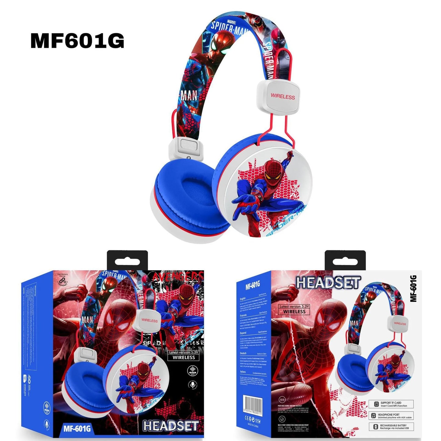 Disney Stitch Headphones Bluetooth Wireless Earbuds HIFI Stereo Sound Headsets with Mic for Spider Man Kids Anime Cartoon MF601