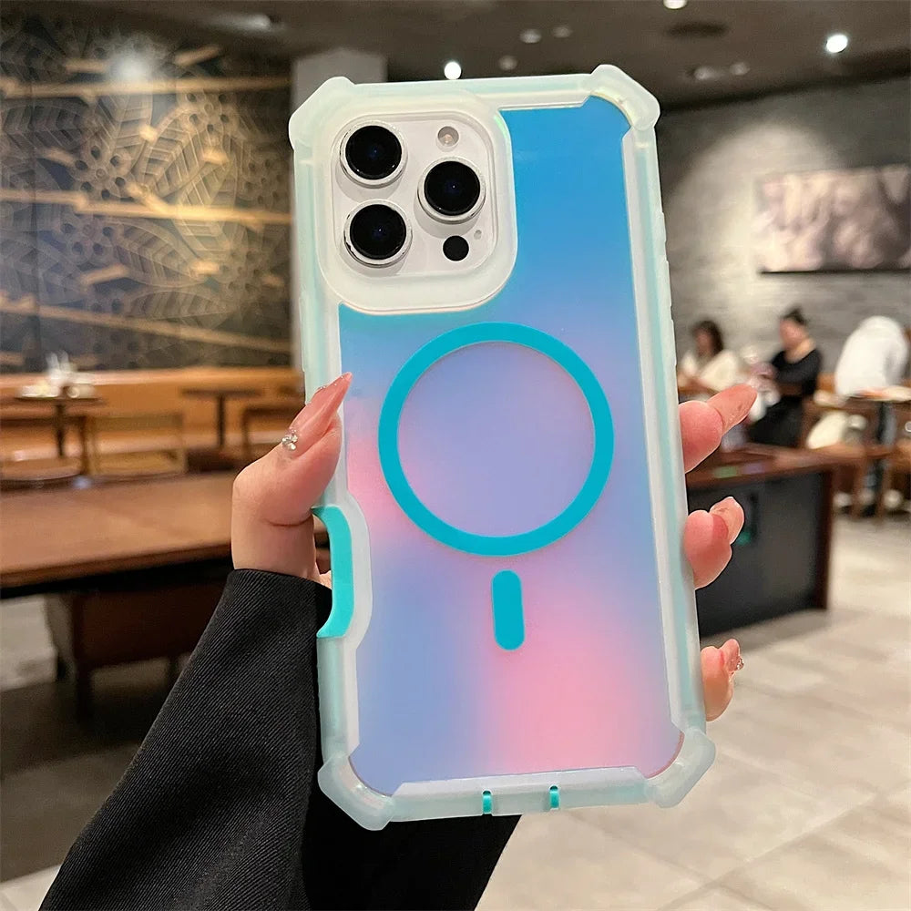 Luxury Magsafe Laser Dazzling Armor Phone Case For iPhone 16 Pro Max 15 Plus 14 13 Wireless Charging Dual Layer Protection Cover