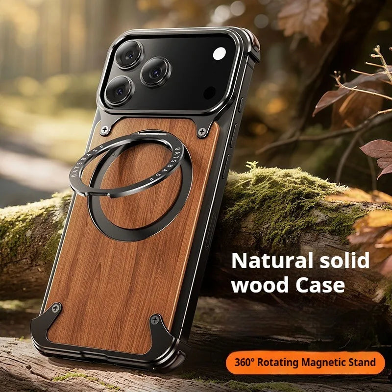 Eary Natural Wooden Frameless Case For iPhone 17 Pro Max 17 Air With Magsafe 360°Rotation Magnetic Stand Shockproof Phone Cover