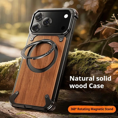 Eary Natural Wooden Frameless Case For iPhone 17 Pro Max 17 Air With Magsafe 360°Rotation Magnetic Stand Shockproof Phone Cover