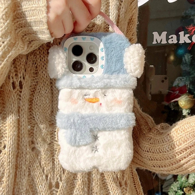 Winter Plush Snowman Christmas Case For iPhone 16 15 14 12 13 Pro Max 11 Plush Warm Cartoon Soft Shockproof Cover for iPhone16