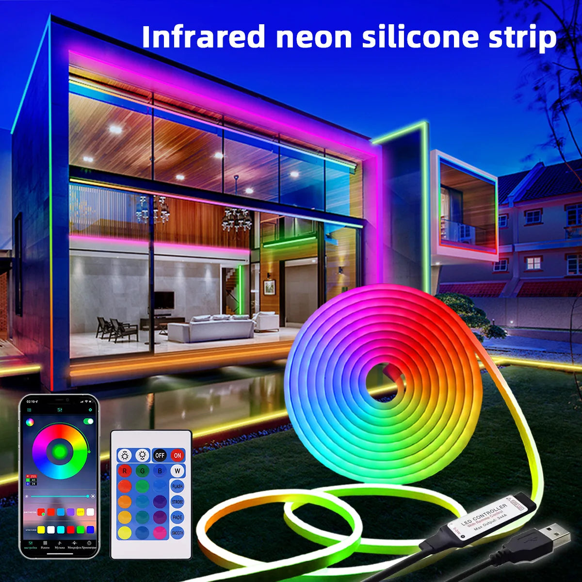 LED Neon Light Strip Rgb Dimming Flexible and Waterproof App Remote Control Dual Mode Built in Microphone for Voice Control
