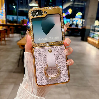 Leather Plating  Ring Phone Case For Samsung Galaxy Z Flip 7 6 Flip 5 Zflip 4 3 Bling Diamond Shockproof Cover Funda