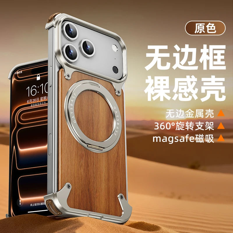 Oatsbasf Solid Wooden Phone Case for iPhone 17 Pro/Pro Max/17 Air with 360° Rotating Ring Stand Magnetic Shockproof Protective