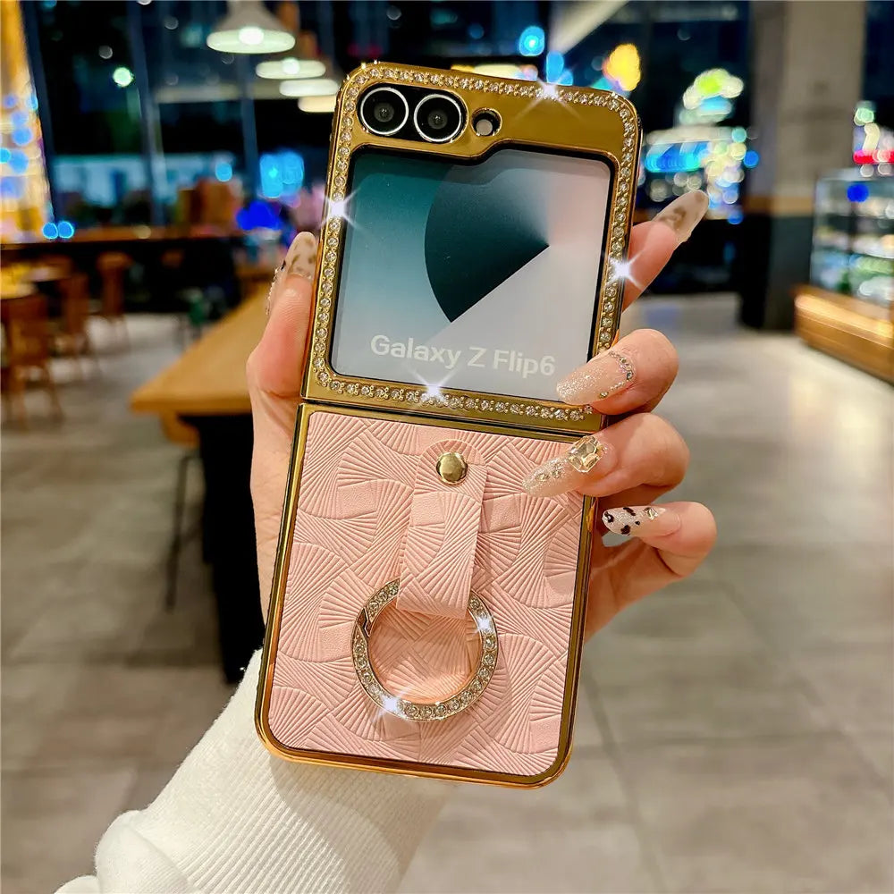 Leather Plating  Ring Phone Case For Samsung Galaxy Z Flip 7 6 Flip 5 Zflip 4 3 Bling Diamond Shockproof Cover Funda