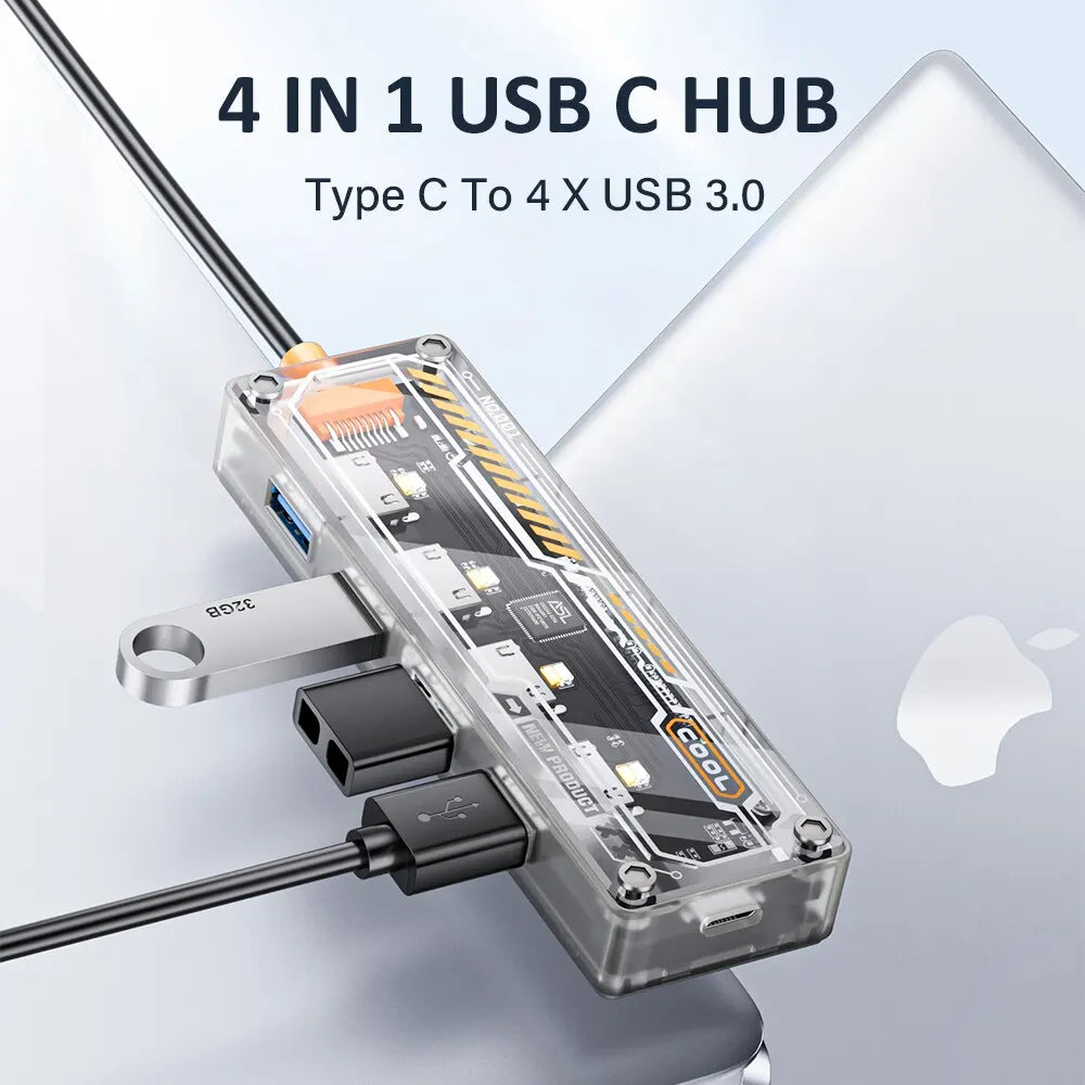 ASOMETECH Type C HUB 4 in 1 USB C to USB 3.0 Transparent Punk Docking Station Splitter Adapter For MacBook Laptop iPhone Samsung