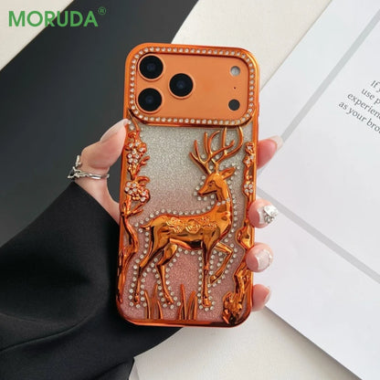 3D Deer Diamond Phone Case For iPhone 17 16 15 14 13 12 Pro Max 17pro Air Shiny Glitter Electroplated TPU Shockproof Soft Cover