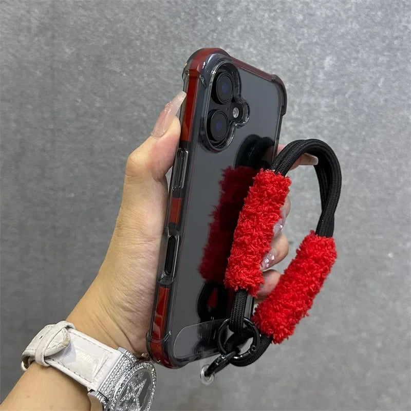 Hybrid Color Transparent Armor Case For iPhone 16 15 14 11 12 13 Pro Max Plus X Xr Xs Plush Wrist Strap Airbag Shockproof Cover