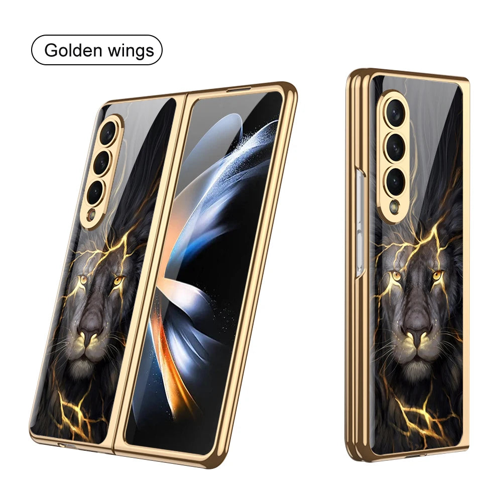 Luxury Plating Frame Case For Samsung Galaxy Z Fold 4 5G Painted Pattern Tempered Glass Hard Cover For Galaxy Z Fold5 4 3 Case