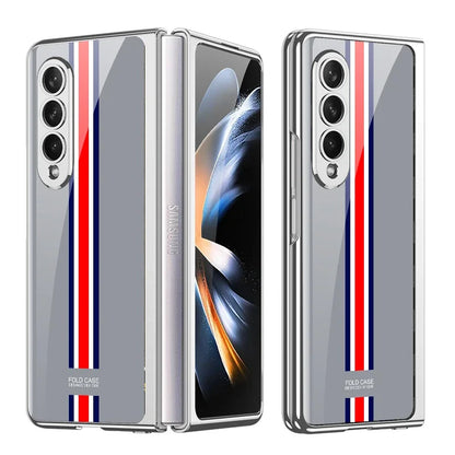 Luxury Plating Frame Case For Samsung Galaxy Z Fold 4 5G Painted Pattern Tempered Glass Hard Cover For Galaxy Z Fold5 4 3 Case