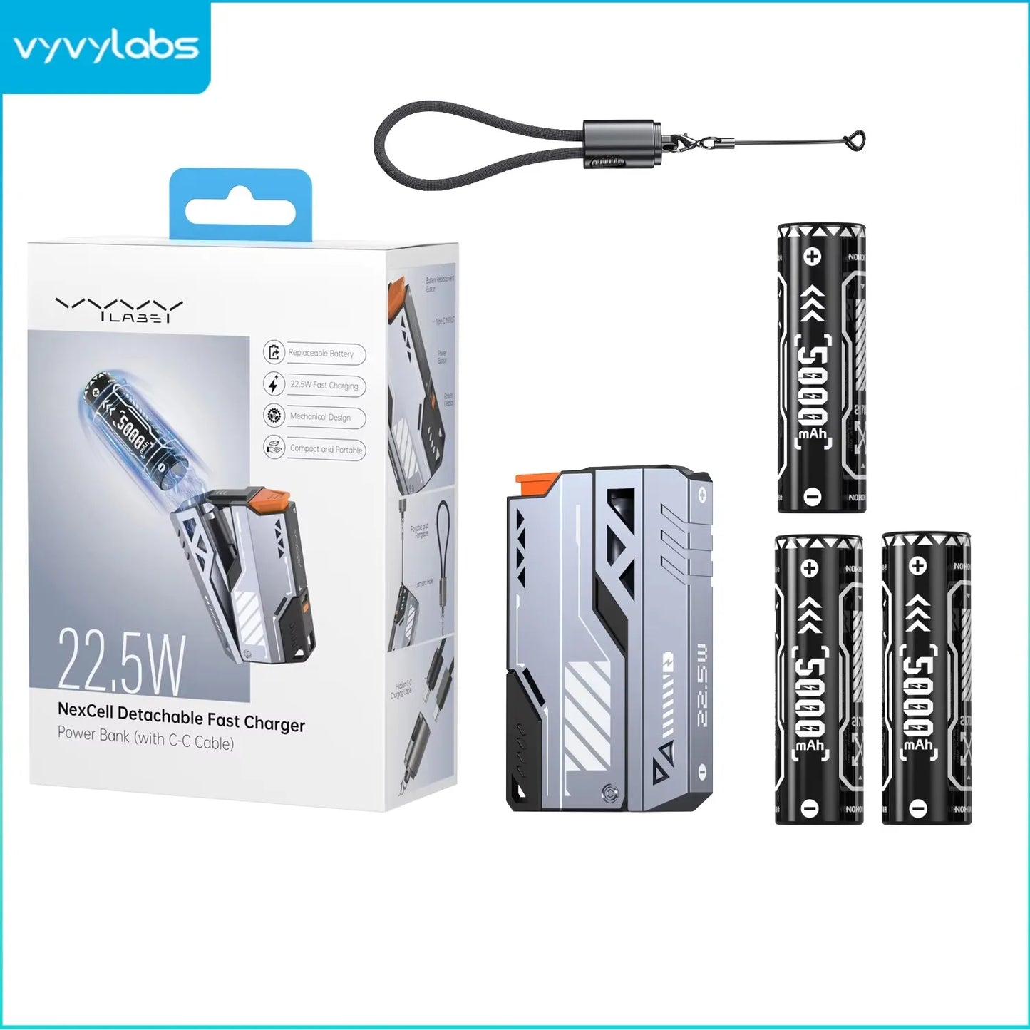 VYVYLABS 30000mAh Detachable CCC Power Bank Fast Charger 22.5W Wireless Portable Charger 21700 PowerBank For iP 17 Spare Battery