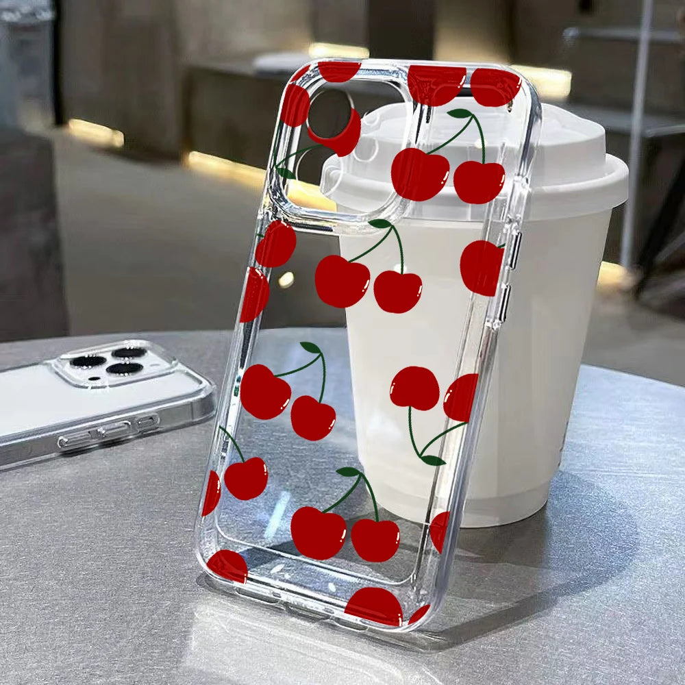 Cute Bow Cherry Phone Case For iPhone 16 Pro Case iPhone 13 11 15 12 14 Pro Max XR XS X 7 8 Plus SE 2020 Shockproof Clear Cover