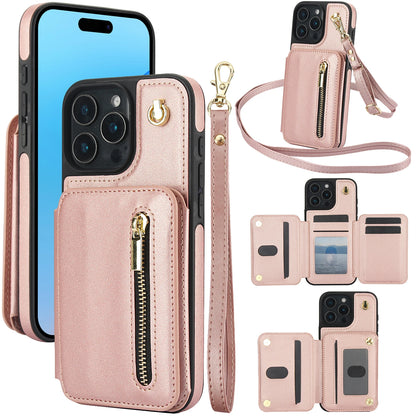 Card Slots Zipper Leather Wallet Case Flip Phone Case for IPhone 11 12 13 14 15 16 17 Pro Max Plus Promax 16e Ring Lanyard Purse
