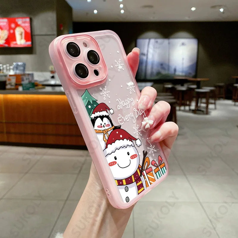 Christmas Case For iPhone 15 14 Pro Max 12 13 Pro Max 11 16 Luxury Lens Protector Shockproof Soft Cover Santa Claus Elk Snowman
