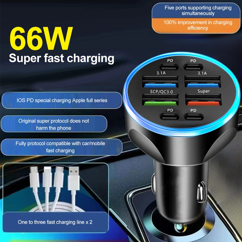 250W 8/6 Ports Car Charger Fast Charging PD QC3.0 USB Type C Auto Phone Charger Adapter in Car For iPhone Samsung Huawei Xiaomi