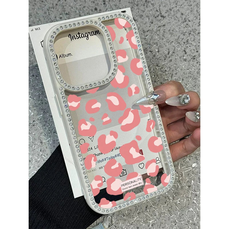 Pink Black Leopard Print Diamond Inlaid Frame Plain Case for iPhone 16 15 14 Plus 13 12 11 Pro Max Acrylic Silicone Hard Cover