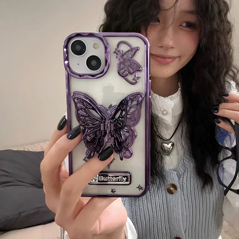 Butterfly Stand Plating Phone Cases For IPhone 16 15 Pro Max 14 13 12 11 Gradient Glitter Protect Shockproof Back Cover