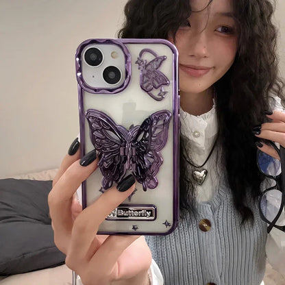 Butterfly Stand Plating Phone Cases For IPhone 16 15 Pro Max 14 13 12 11 Gradient Glitter Protect Shockproof Back Cover