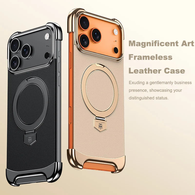 Luxury Leather Ultra Thin Frameless Magnetic Case For iPhone 17 16 15 14 13 Pro Max 17Air 17Pro Metal Bracket Anti-Drop Bumper