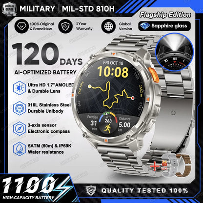 2026 New T-Rex 3 Ultra 1100mAh Military Smart Watch Men 5ATM Waterproof 1.7" AMOLED Screen Bluetooth Call Compass LED Flashlight